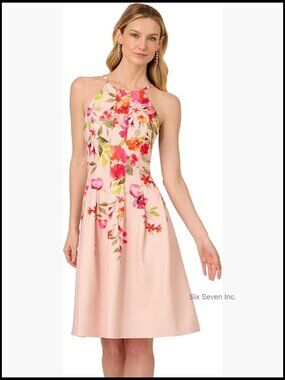 Floral Border Short Dress with Halter Neckline and Zipper Back